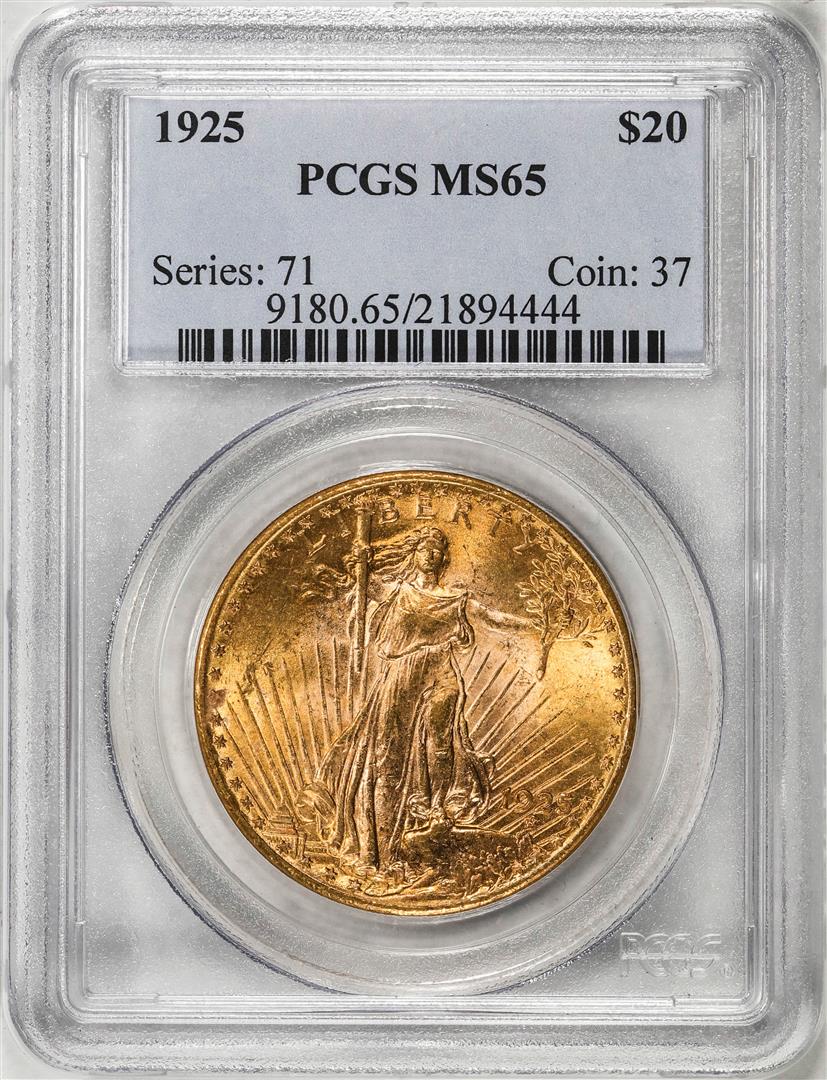 1925 $20 St. Gaudens Double Eagle Gold Coin PCGS MS65: One 1925 $20 St. Gaudens Double Eagle Gold Coin PCGS MS65. PCGS Graded.