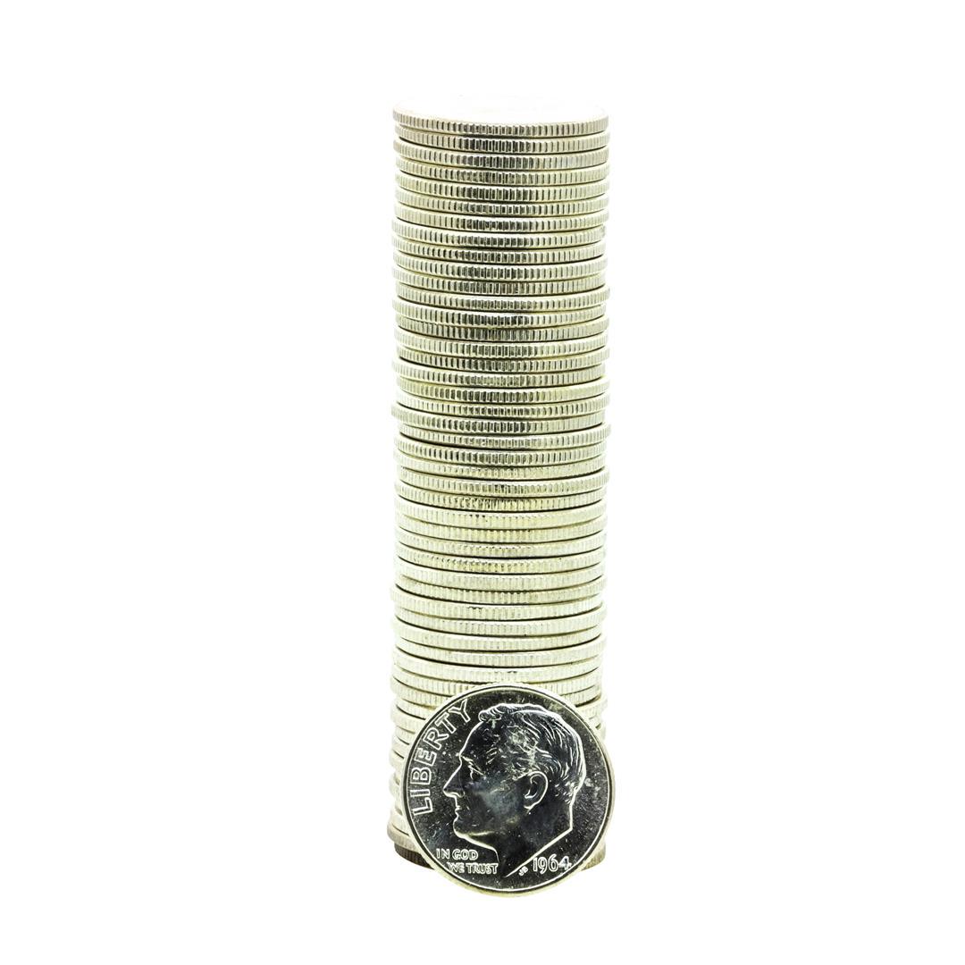 Roll of (50) Brilliant Uncirculated 1964-D Roosevelt Dime Coins: One Roll of (50) Brilliant Uncirculated 1964-D Roosevelt Dime Coins.