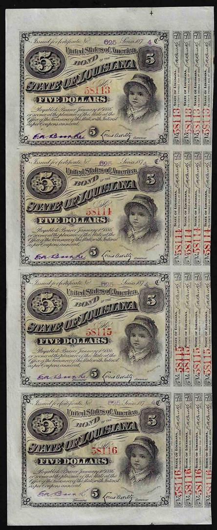 Uncut Sheet of (4) State of Louisiana Baby Bond Obsolete Notes: One Uncut Sheet of (4) State of Louisiana Baby Bond Obsolete Notes.