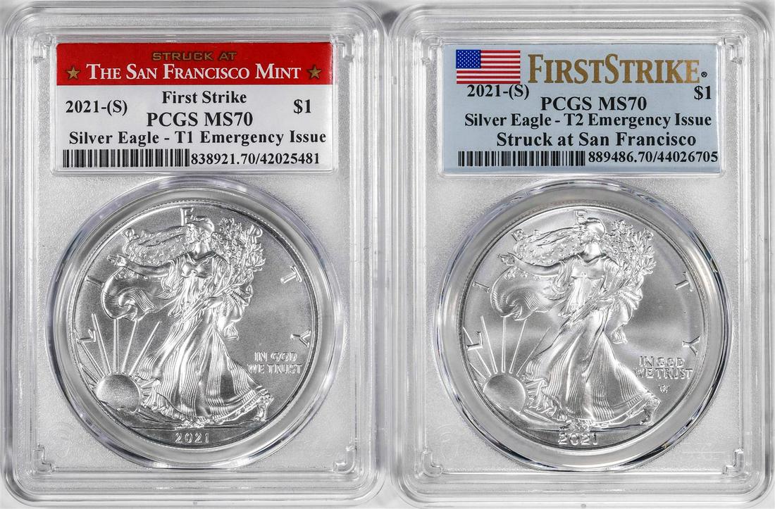 Lot of 2021-(S) Type 1 & 2 $1 American Silver Eagle Coins PCGS MS70 First Strike: One Lot of 2021-(S) Type 1 & 2 $1 American Silver Eagle Coins PCGS MS70 First Strike. PCGS Graded.