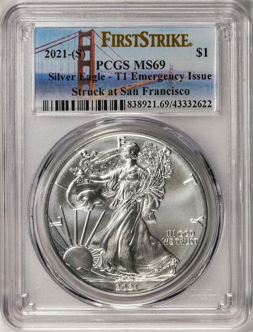 2021-(S) Type 1 $1 American Silver Eagle Coin PCGS MS69 First Strike Emergency Issue: One 2021-(S) Type 1 $1 American Silver Eagle Coin PCGS MS69 First Strike Emergency Issue. PCGS Graded.