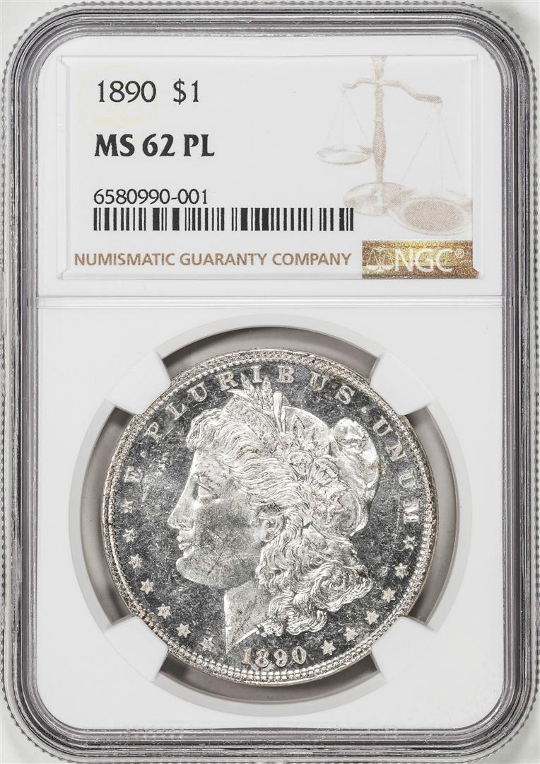 1890 $1 Morgan Silver Dollar Coin NGC MS62PL: One 1890 $1 Morgan Silver Dollar Coin NGC MS62PL. NGC Certified.