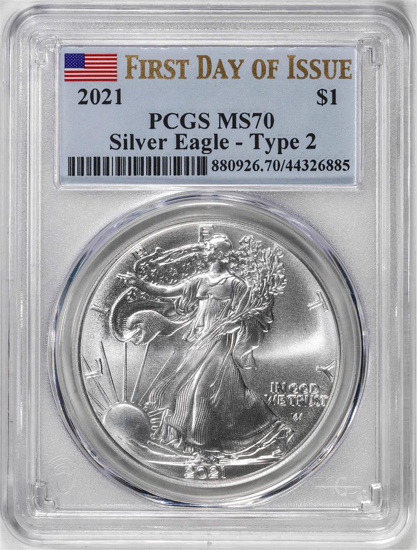 2021 Type 2 $1 American Silver Eagle Coin PCGS MS70 First Day of Issue: One 2021 Type 2 $1 American Silver Eagle Coin PCGS MS70 First Day of Issue. PCGS Graded.