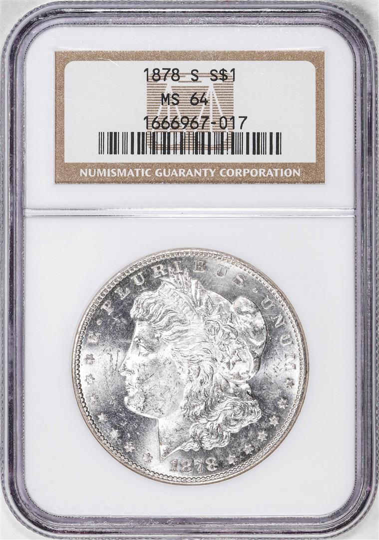 1878-S $1 Morgan Silver Dollar Coin NGC MS64: One 1878-S $1 Morgan Silver Dollar Coin NGC MS64. NGC Certified.