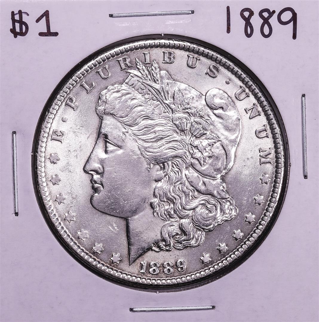 1889 $1 Morgan Silver Dollar Coin: One 1889 $1 Morgan Silver Dollar Coin.