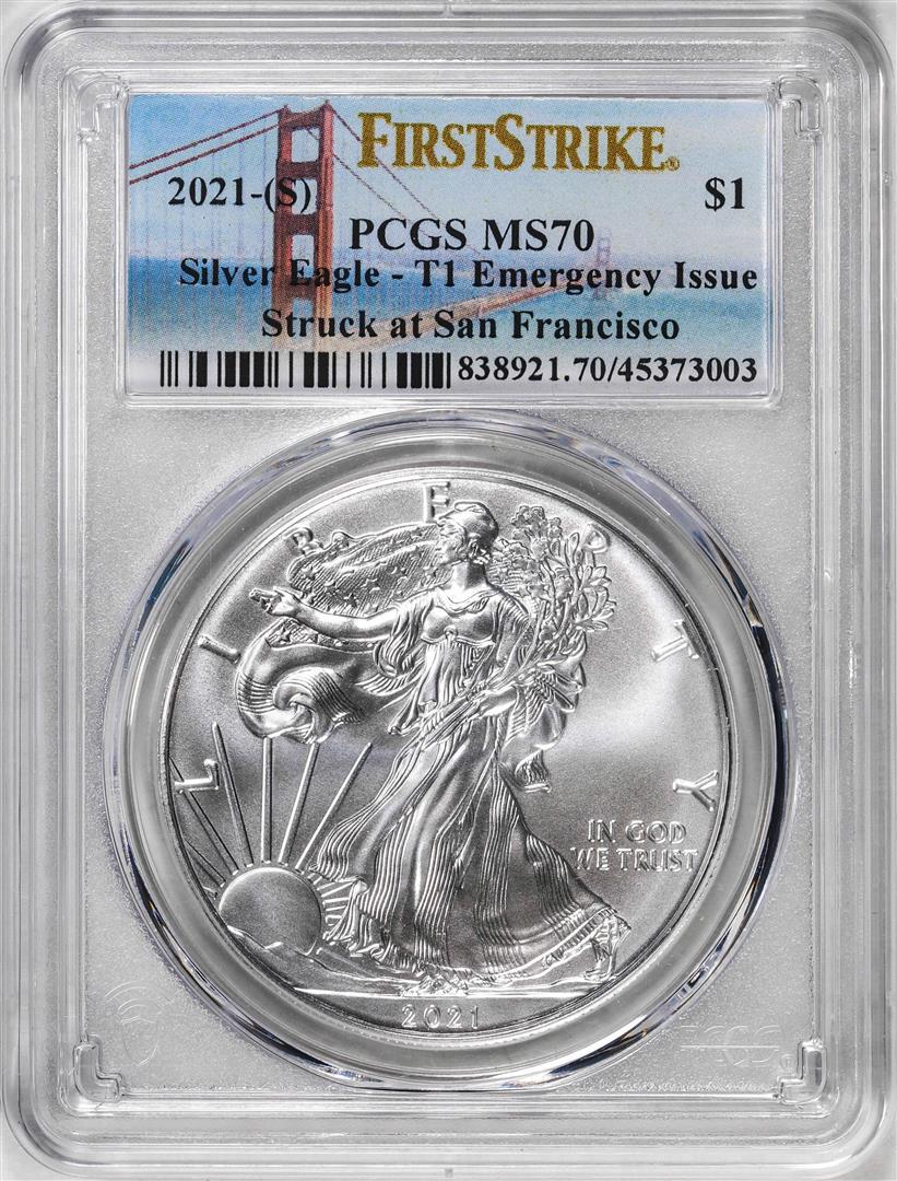 2021-(S) Type 1 $1 American Silver Eagle Coin PCGS MS70 First Strike Emergency Issue: One 2021-(S) Type 1 $1 American Silver Eagle Coin PCGS MS70 First Strike Emergency Issue. PCGS Graded.