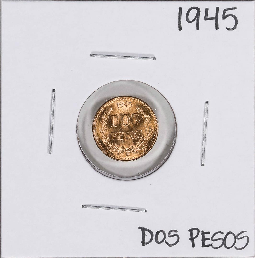1945 Mexico Dos Pesos Gold Coin: One 1945 Mexico Dos Pesos Gold Coin.