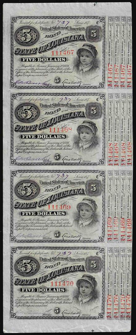 Uncut Sheet of (4) State of Louisiana Baby Bond Obsolete Notes: One Uncut Sheet of (4) State of Louisiana Baby Bond Obsolete Notes.