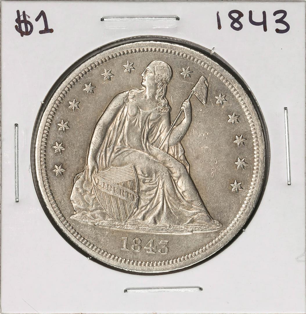 1843 $1 Seated Liberty Silver Dollar Coin: One 1843 $1 Seated Liberty Silver Dollar Coin.