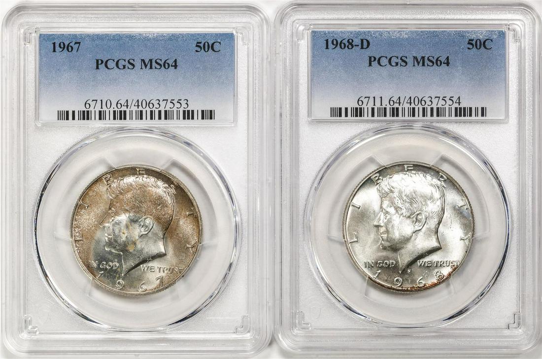 Lot of 1967 & 1968-D Kennedy Half Dollar Coins PCGS MS64: One Lot of 1967 & 1968-D Kennedy Half Dollar Coins PCGS MS64. PCGS Graded.