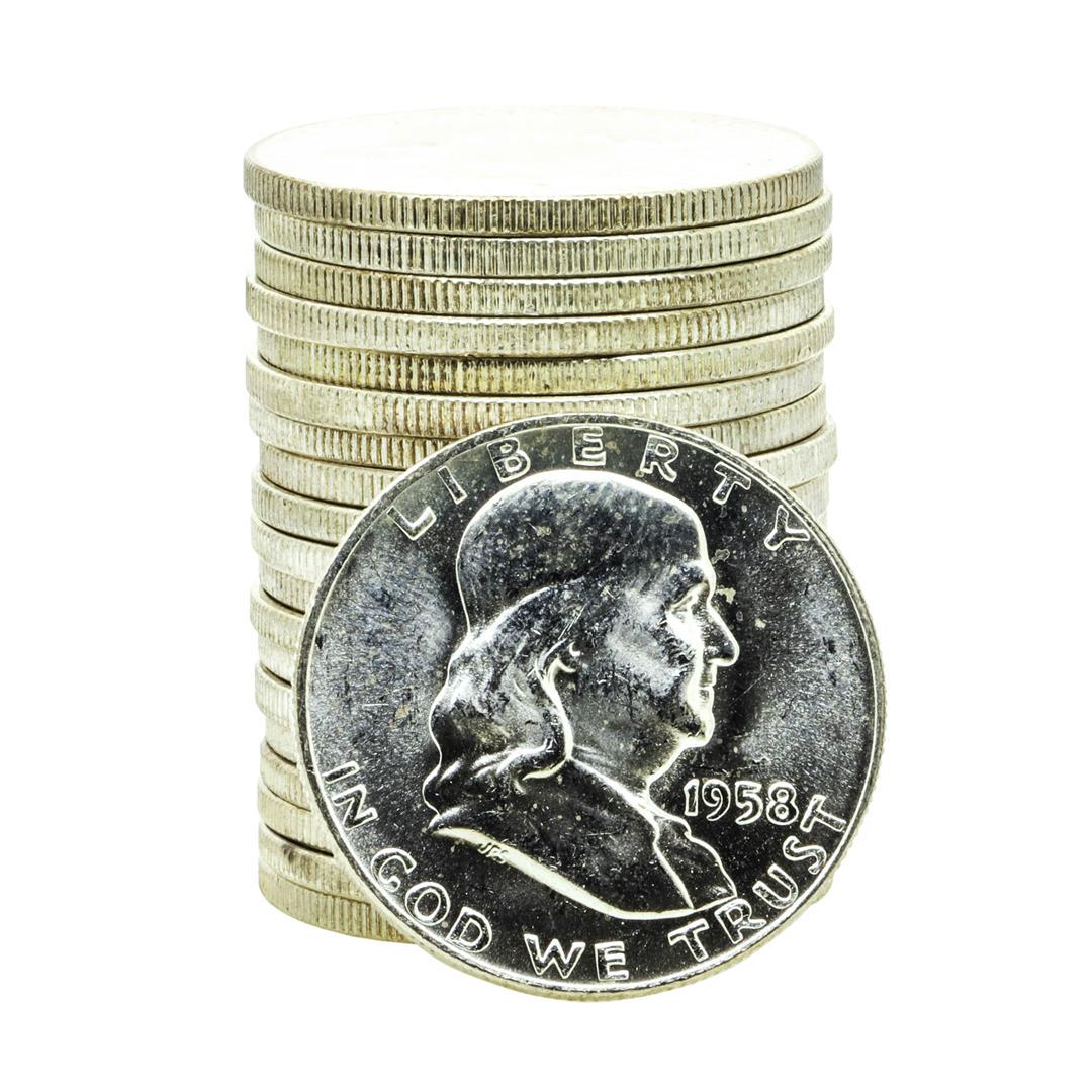 Roll of (20) Brilliant Uncirculated 1958-D Franklin Half Dollar Coins: One Roll of (20) Brilliant Uncirculated 1958-D Franklin Half Dollar Coins.