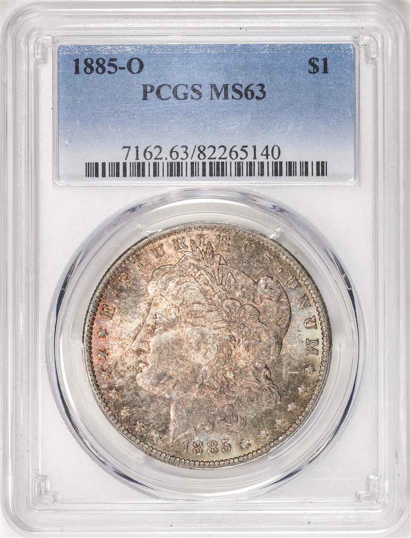 1885-O $1 Morgan Silver Dollar Coin PCGS MS63 Nice Toning: One 1885-O $1 Morgan Silver Dollar Coin PCGS MS63 Nice Toning. PCGS Graded.