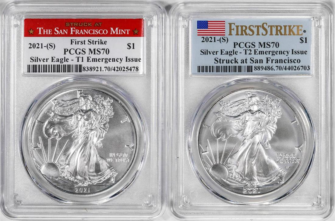 Lot of 2021-(S) Type 1 & 2 $1 American Silver Eagle Coins PCGS MS70 First Strike: One Lot of 2021-(S) Type 1 & 2 $1 American Silver Eagle Coins PCGS MS70 First Strike. PCGS Graded.