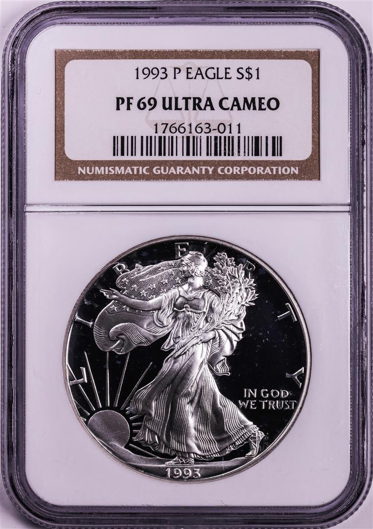 1993 $1 Proof American Silver Eagle Coin NGC PF69 Ultra Cameo: One 1993 $1 Proof American Silver Eagle Coin NGC PF69 Ultra Cameo. NGC Certified.