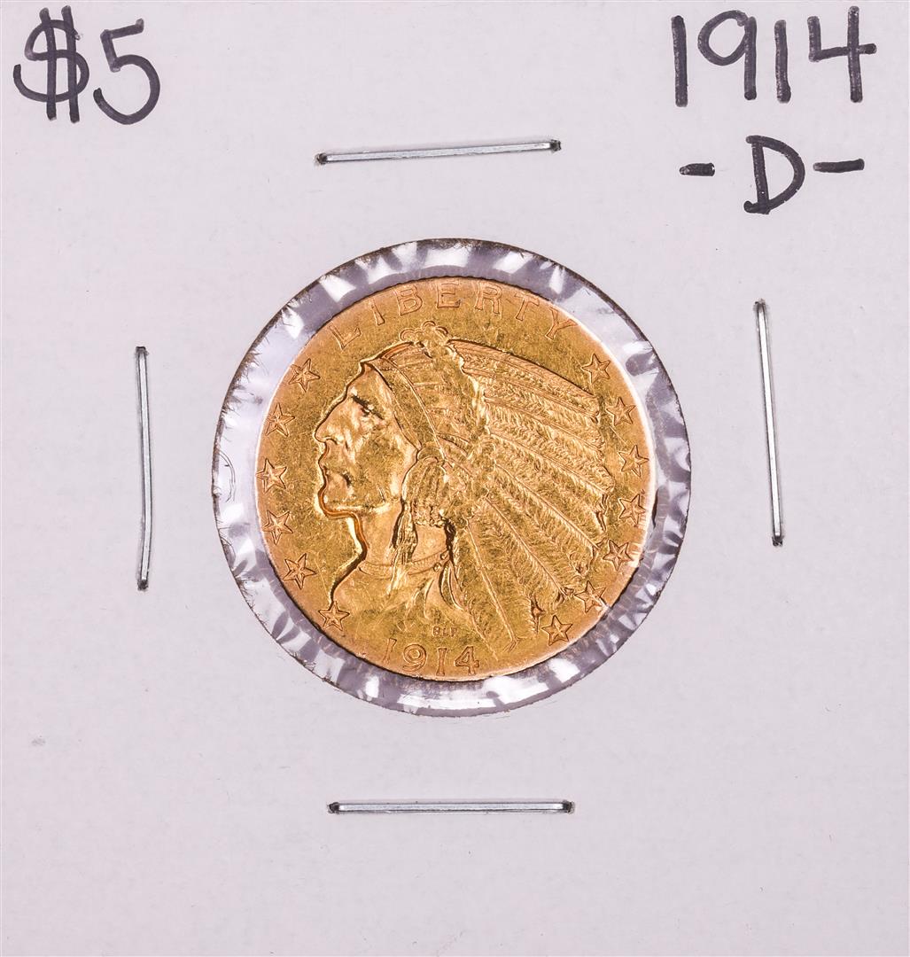 1914-D $5 Indian Head Half Eagle Gold Coin: One 1914-D $5 Indian Head Half Eagle Gold Coin.