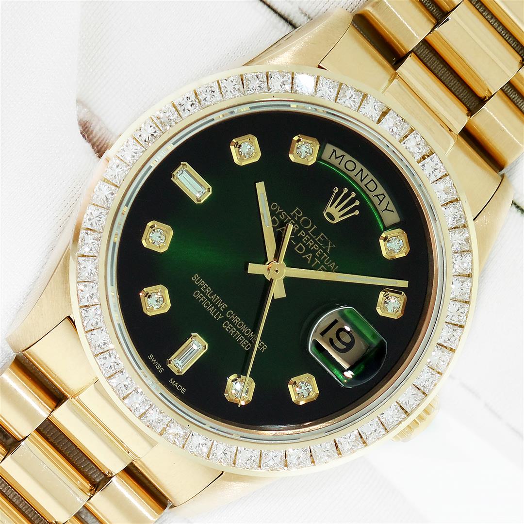 Rolex Men's 18K Yellow Gold Diamond Day Date Presidential Watch With Rolex Box: One Men's Rolex Day Date 18K Yellow Gold President Polished, Serviced & Electronically Tested, 18K Yellow Gold Case: 36mm, Rolex 18K Yellow Gold Crown, Custom Bezel: New 14K Yellow Gold Princess Cut D