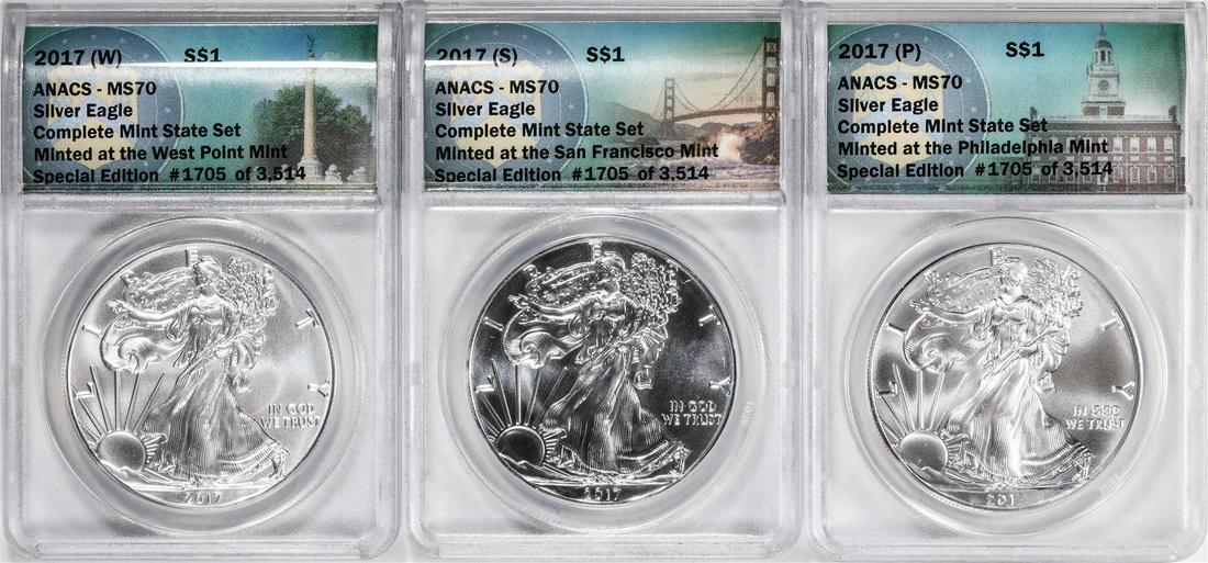 Set of 2017-W/S/P $1 American Silver Eagle (3) Coin Set ANACS MS70: One Set of 2017-W/S/P $1 American Silver Eagle (3) Coin Set ANACS MS70. ANACS Certified.
