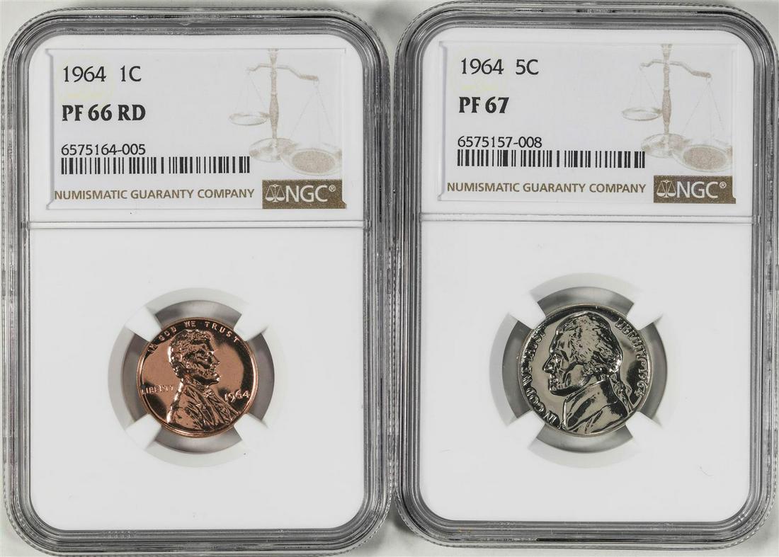 Lot of 1964 Proof Lincoln Wheat Cent and Jefferson Nickel Coins NGC PF66RD/PF67: One Lot of 1964 Proof Lincoln Wheat Cent and Jefferson Nickel Coins NGC PF66RD/PF67. NGC Certified.