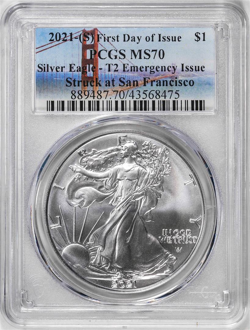 2021-(S) Type 2 $1 American Silver Eagle Coin PCGS MS70 First Day of Issue Emergency: One 2021-(S) Type 2 $1 American Silver Eagle Coin PCGS MS70 First Day of Issue Emergency. PCGS Graded.