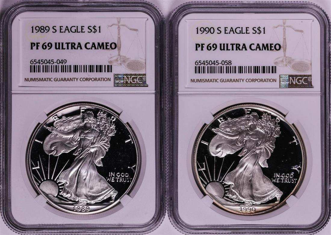 Lot of 1989-1990 $1 Proof American Silver Eagle Coins NGC PF69 Ultra Cameo: One Lot of 1989-1990 $1 Proof American Silver Eagle Coins NGC PF69 Ultra Cameo. NGC Certified.