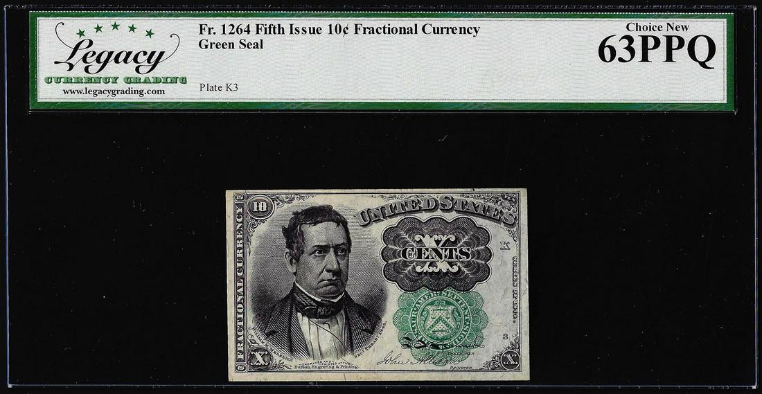 1874 Fifth Issue 10 Cent Fractional Currency Note Fr.1264 Legacy Choice New 63PPQ: One 1874 Fifth Issue 10 Cent Fractional Currency Note Fr.1264 Legacy Choice New 63PPQ. Legacy Graded.