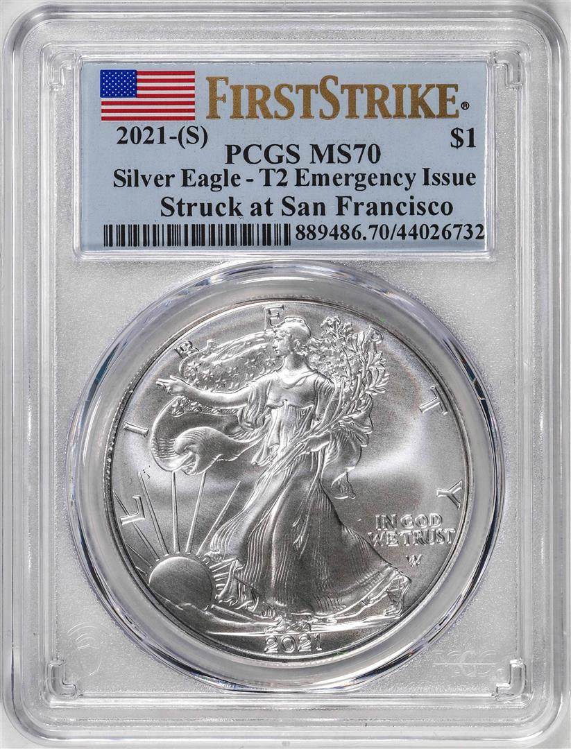 2021-(S) Type 2 $1 American Silver Eagle Coin PCGS MS70 First Strike Emergency Issue: One 2021-(S) Type 2 $1 American Silver Eagle Coin PCGS MS70 First Strike Emergency Issue. PCGS Graded.