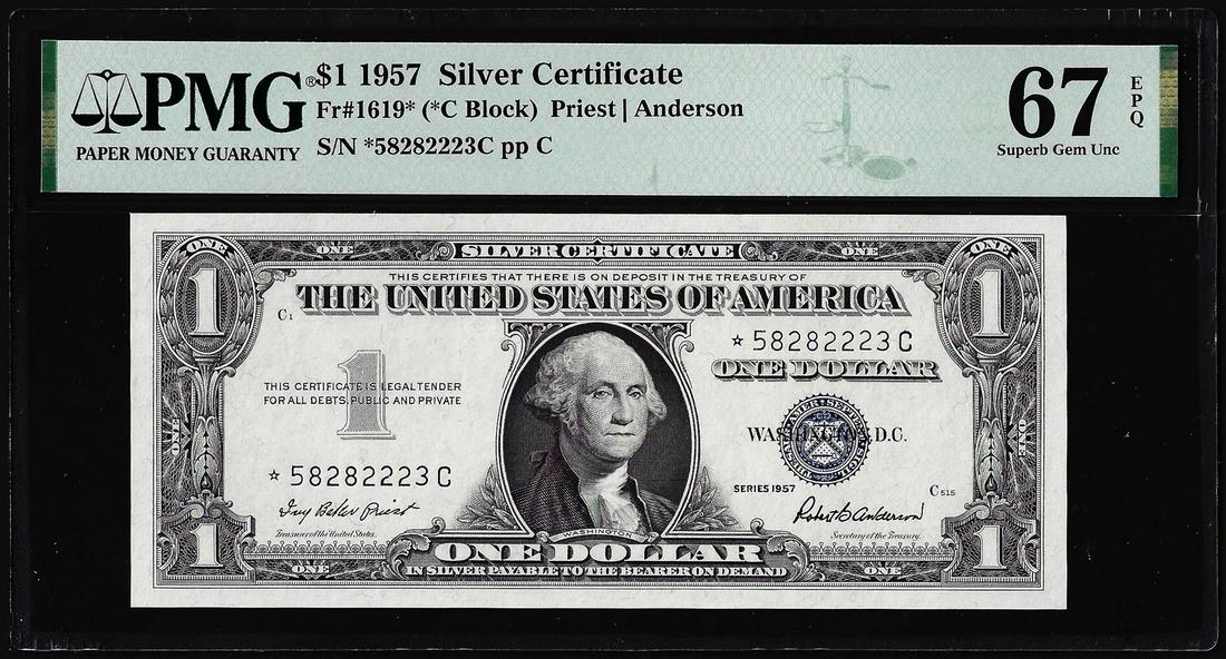 1957 $1 Silver Certificate STAR Note Fr.1619* PMG Superb Gem Uncirculated 67EPQ: One 1957 $1 Silver Certificate STAR Note Fr.1619* PMG Superb Gem Uncirculated 67EPQ. PMG Certified.