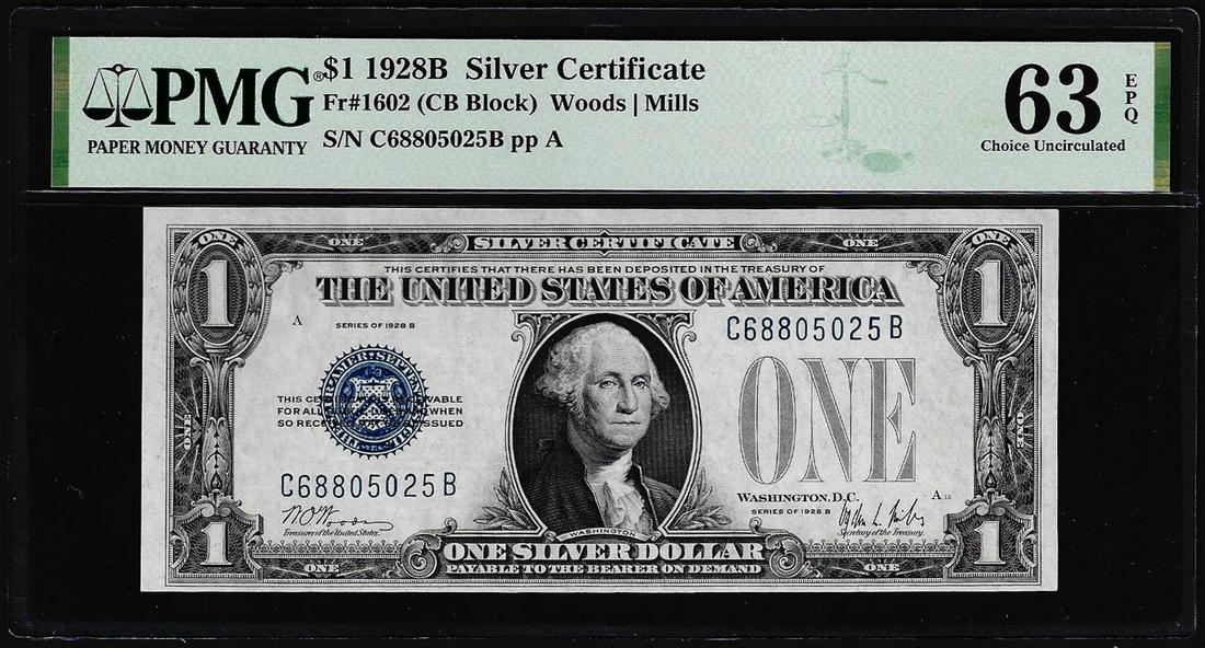 1928B $1 Funnyback Silver Certificate Note Fr.1602 PMG Choice Uncirculated 63EPQ: One 1928B $1 Funnyback Silver Certificate Note Fr.1602 PMG Choice Uncirculated 63EPQ. PMG Certified.