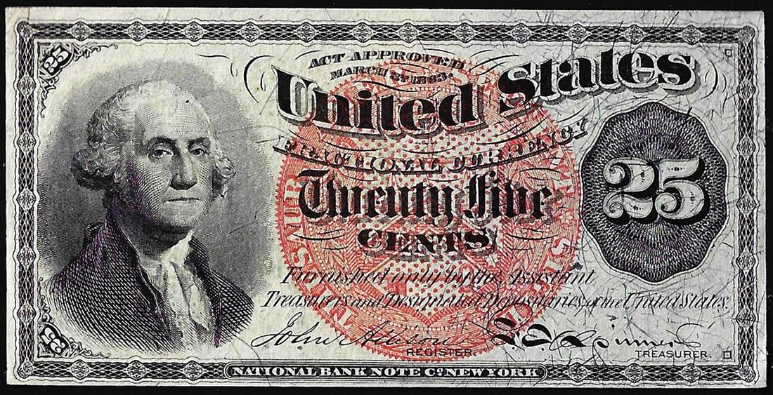 March 3, 1863 Fourth Issue Twenty-Five Fractional Currency Note Pinholes: One March 3, 1863 Fourth Issue Twenty-Five Fractional Currency Note Pinholes.
