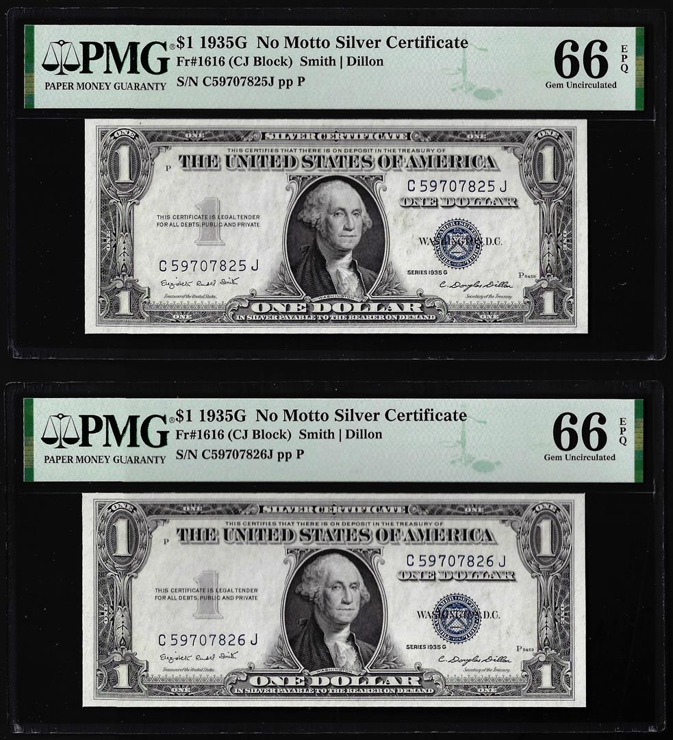 (2) Consecutive 1935G No Motto $1 Silver Certificate Notes PMG Gem Uncirculated 66EPQ: One (2) Consecutive 1935G No Motto $1 Silver Certificate Notes PMG Gem Uncirculated 66EPQ. PMG Certified.