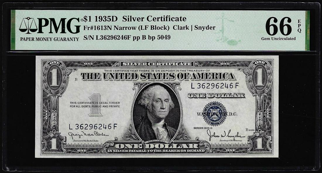 1935D $1 Silver Certificate Note Fr.1613N Narrow PMG Gem Uncirculated 66EPQ: One 1935D $1 Silver Certificate Note Fr.1613N Narrow PMG Gem Uncirculated 66EPQ. PMG Certified.