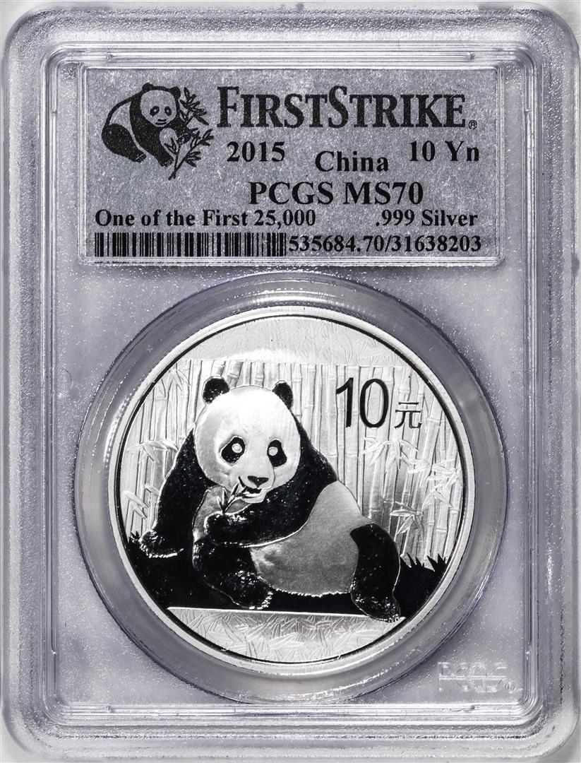 2015 China 10 Yuan Silver Panda Coin PCGS MS70 First Strike: One 2015 China 10 Yuan Silver Panda Coin PCGS MS70 First Strike. PCGS Graded.