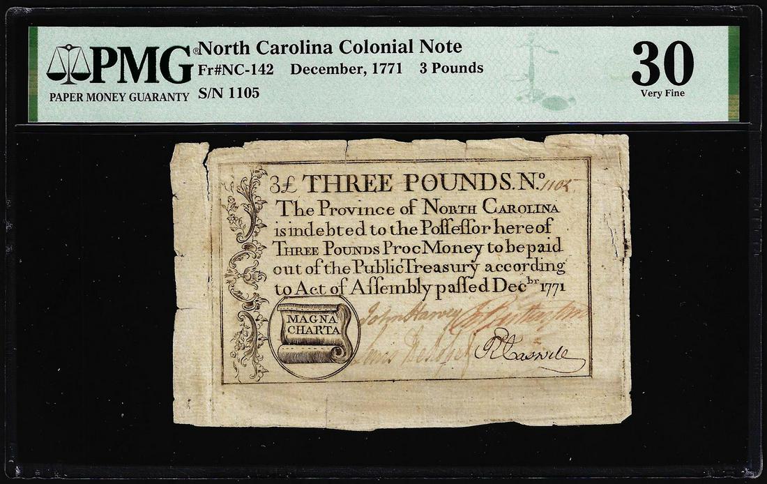 1771 North Carolina 3 Pounds Colonial Note NC-142 PMG Very Fine 30 Magna Charta: One 1771 North Carolina 3 Pounds Colonial Note NC-142 PMG Very Fine 30 Magna Charta. PMG Certified.