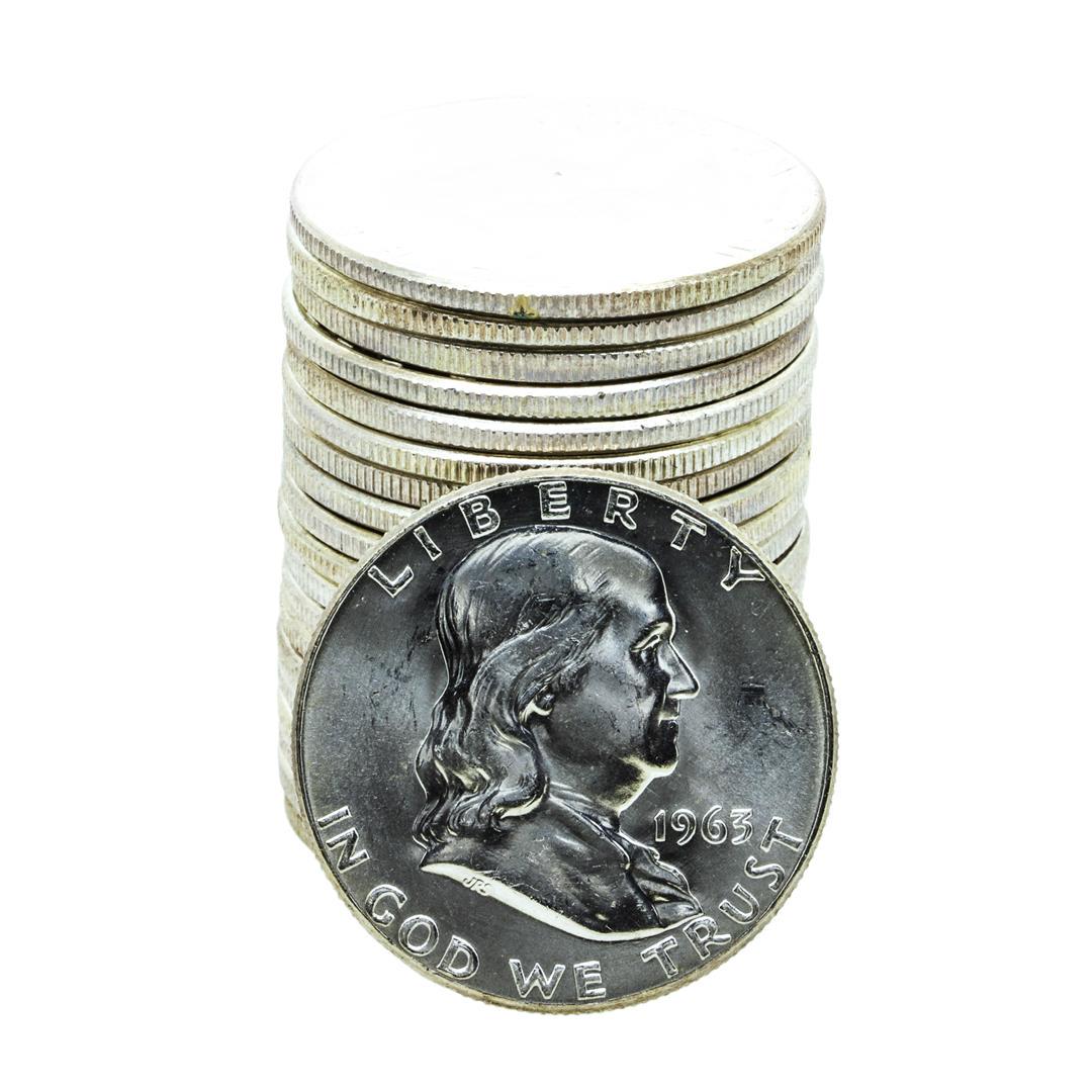 Roll of (20) Brilliant Uncirculated 1963 Franklin Half Dollar Coins: One Roll of (20) Brilliant Uncirculated 1963 Franklin Half Dollar Coins.