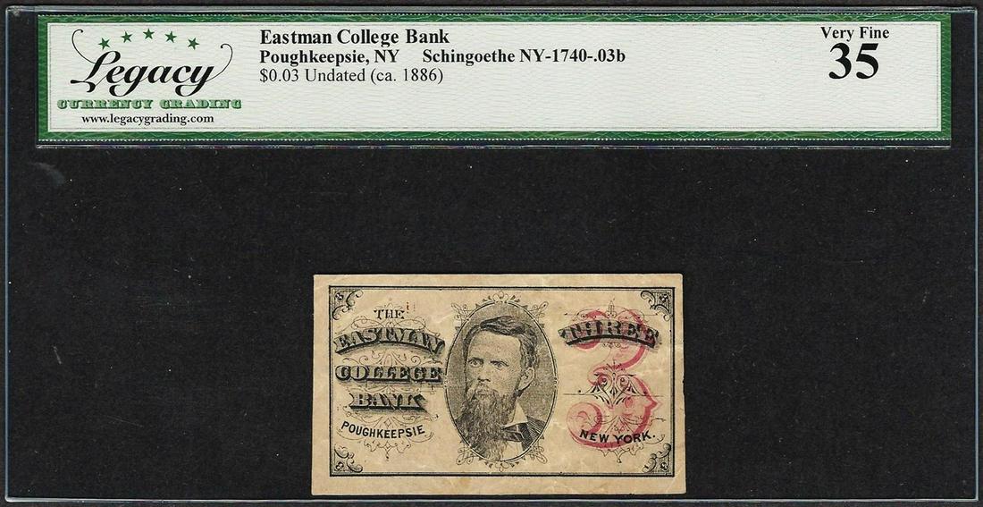 Eastman College Bank 3 Cents Poughkeepsie, NY Obsolete Note Legacy Very Fine 35: One Eastman College Bank 3 Cents Poughkeepsie, NY Obsolete Note Legacy Very Fine 35. Legacy Graded.