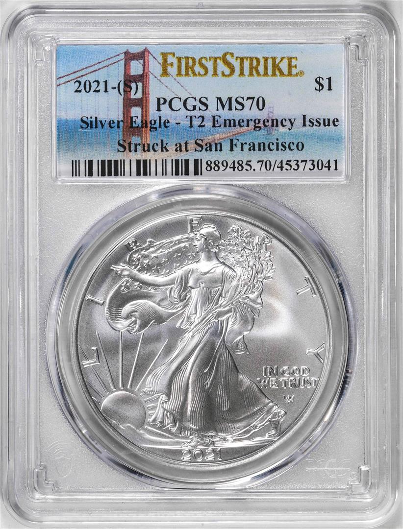 2021-(S) Type 2 $1 American Silver Eagle Coin PCGS MS70 First Strike Emergency Issue: One 2021-(S) Type 2 $1 American Silver Eagle Coin PCGS MS70 First Strike Emergency Issue. PCGS Graded.