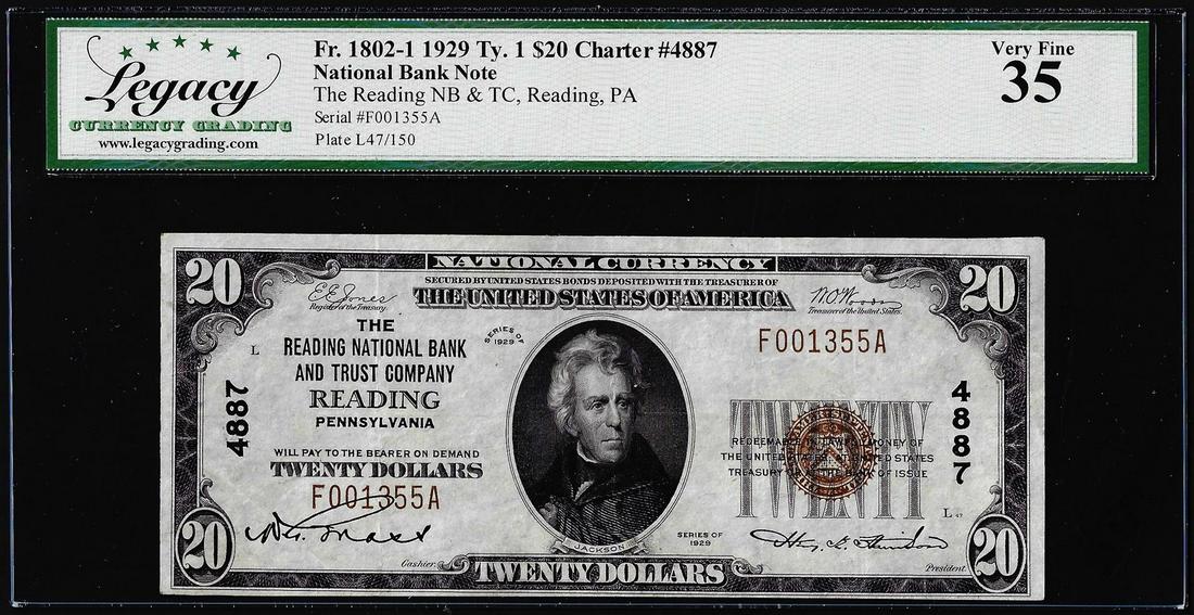 1929 $20 NB Reading, PA CH# 4887 Fr.1801-1 National Currency Note Legacy Very Fine 35: One 1929 $20 NB Reading, PA CH# 4887 Fr.1801-1 National Currency Note Legacy Very Fine 35. Legacy Graded.