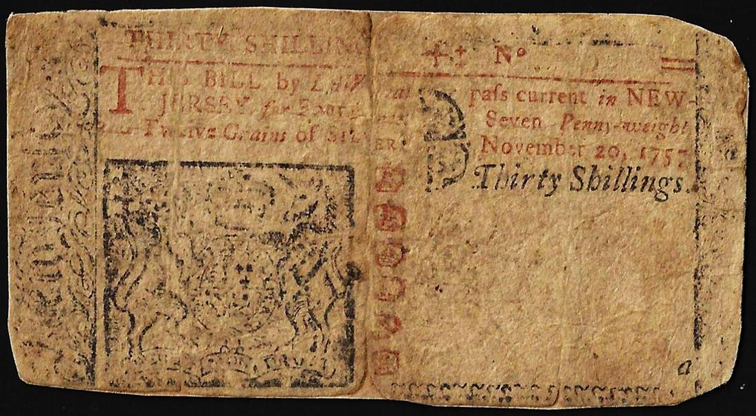 November 20, 1757 New Jersey Thirty Shillings Colonial Currency Note: One November 20, 1757 New Jersey Thirty Shillings Colonial Currency Note.