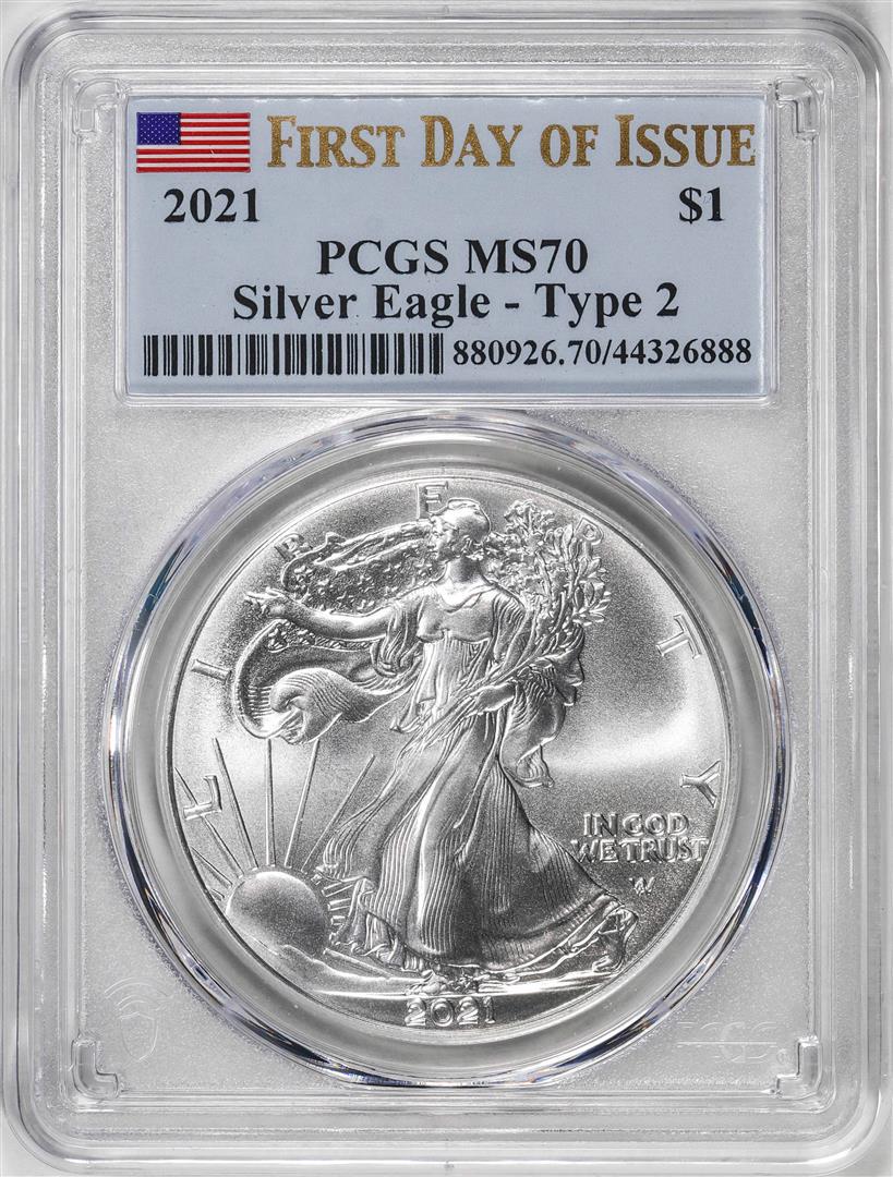 2021 Type 2 $1 American Silver Eagle Coin PCGS MS70 First Day of Issue: One 2021 Type 2 $1 American Silver Eagle Coin PCGS MS70 First Day of Issue. PCGS Graded.
