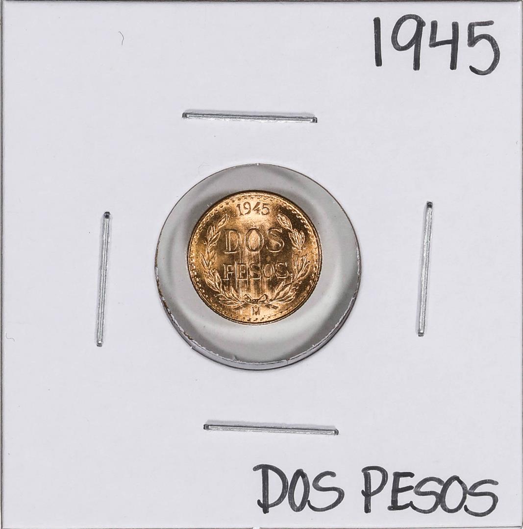 1945 Mexico Dos Pesos Gold Coin: One 1945 Mexico Dos Pesos Gold Coin.