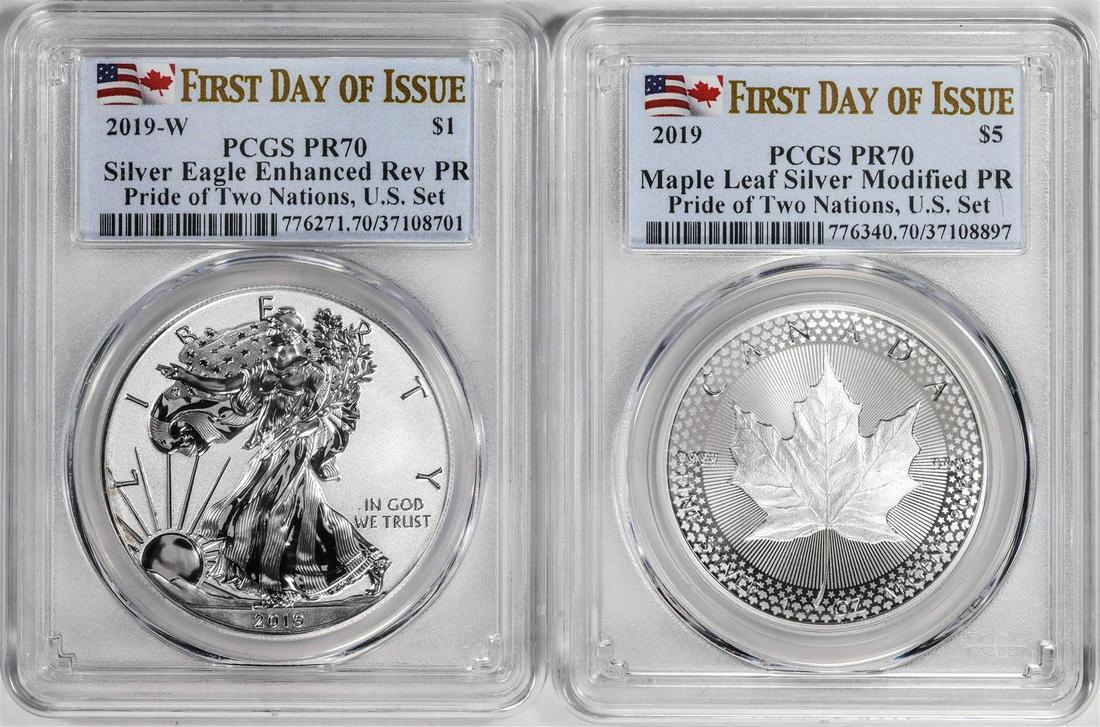 2019 Pride of Two Nations (2) Coin Proof Silver Eagle & Maple Leaf Set PCGS PR70 FDOI: One 2019 Pride of Two Nations (2) Coin Proof Silver Eagle & Maple Leaf Set PCGS PR70 FDOI. PCGS Graded.