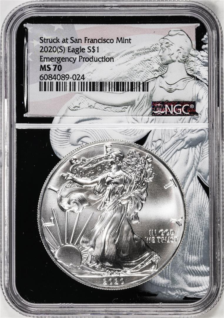 2020(S) $1 American Silver Eagle Coin NGC MS70 San Francisco Emergency Production: One 2020(S) $1 American Silver Eagle Coin NGC MS70 San Francisco Emergency Production. NGC Certified.