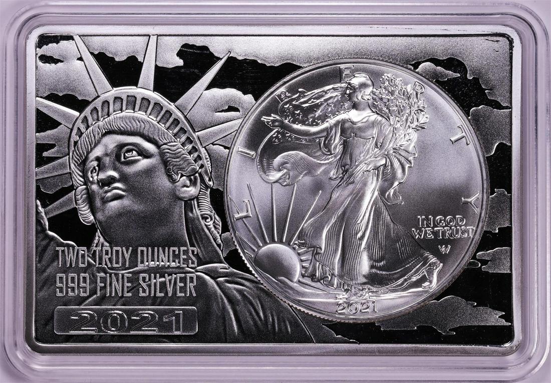 2021 Type 2 $1 American Silver Eagle Coin & 2oz Silver Bar Set: One 2021 Type 2 $1 American Silver Eagle Coin & 2oz Silver Bar Set.