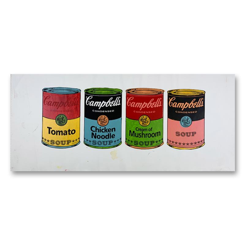 Steve Kaufman (1960-2010) "4 Soup Cans State One" Original Mixed Media on Canvas: "4 Soup Cans State One" is an HC edition hand pulled silkscreen mixed media on canvas by Andy Warhol protege Steve Kaufman (1960-2010). This piece is marked HC and hand signed inverso. Includes letter