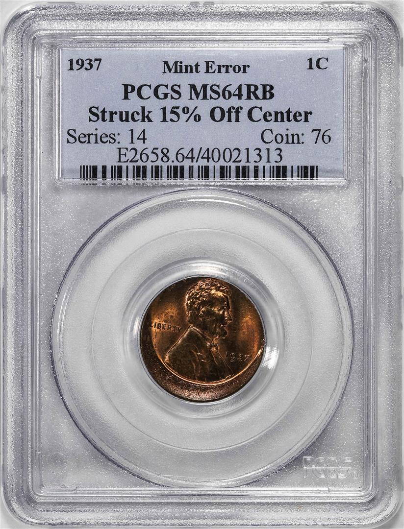 1937 Lincoln Wheat Cent Coin Mint ERROR Struck 15% Off Center PCGS MS64RB: One 1937 Lincoln Wheat Cent Coin Mint ERROR Struck 15% Off Center PCGS MS64RB. PCGS Graded.