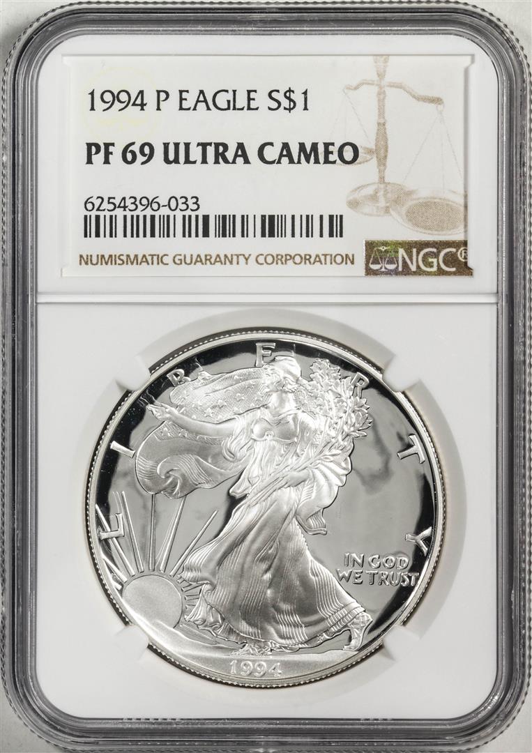1994-P $1 Proof American Silver Eagle Coin NGC PF69 Ultra Cameo: One 1994-P $1 Proof American Silver Eagle Coin NGC PF69 Ultra Cameo. NGC Certified.