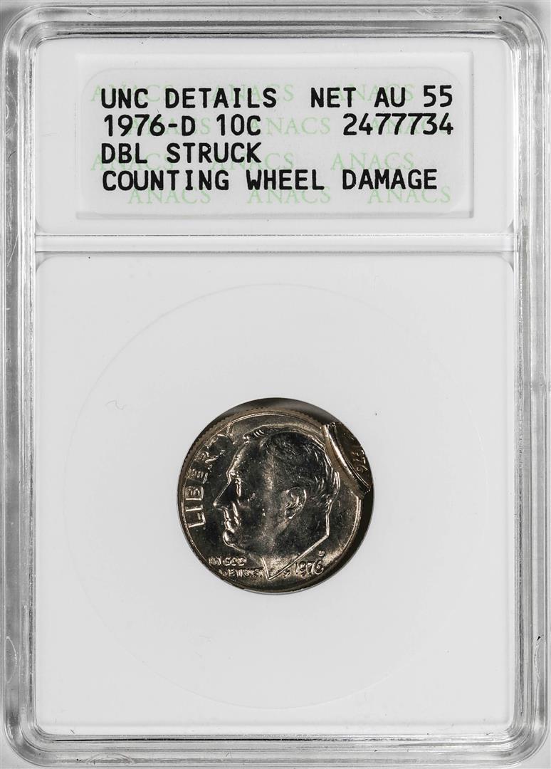 1976-D Roosevelt Dime Coin Mint ERROR Double Struck Double Date ANACS AU55 Net: One 1976-D Roosevelt Dime Coin Mint ERROR Double Struck Double Date ANACS AU55 Net. ANACS Certified.