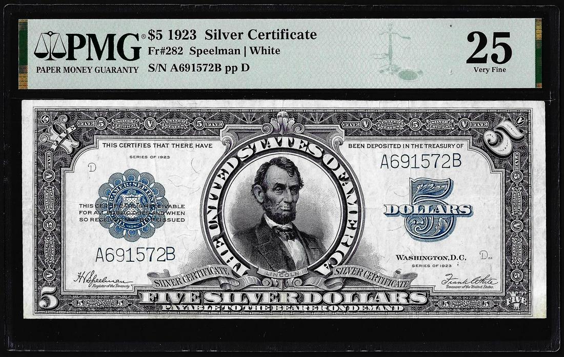 1923 $5 Porthole Silver Certificate Note Fr.282 PMG Very Fine 25: One 1923 $5 Porthole Silver Certificate Note Fr.282 PMG Very Fine 25. PMG Certified.