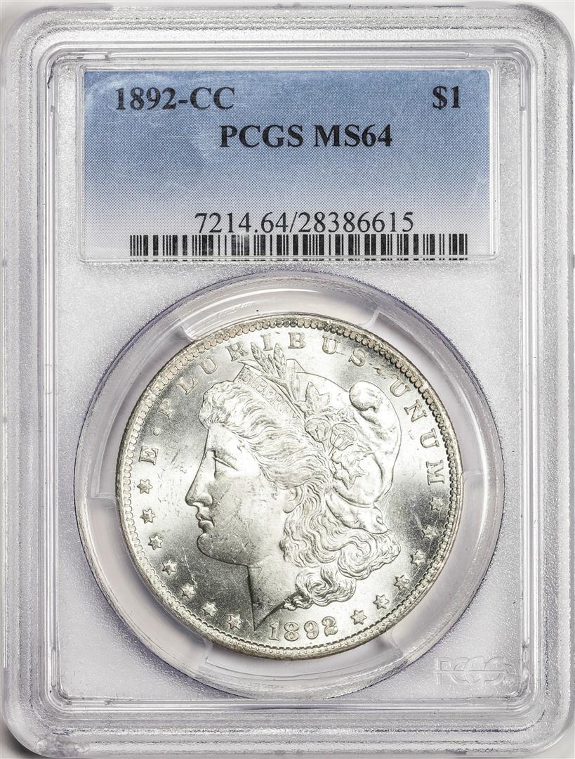 1892-CC $1 Morgan Silver Dollar Coin PCGS MS64: One 1892-CC $1 Morgan Silver Dollar Coin PCGS MS64. PCGS Graded.