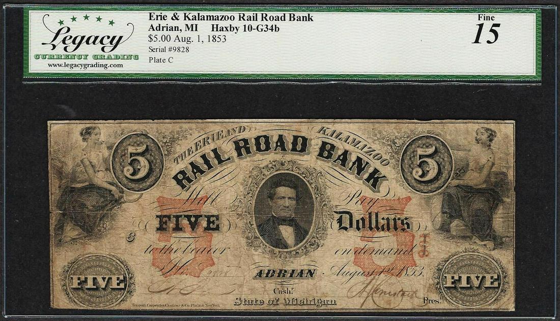 1853 $5 Erie & Kalamazoo Rail Road Bank Adrian, MI Obsolete Note Legacy Fine 15: One 1853 $5 Erie & Kalamazoo Rail Road Bank Adrian, MI Obsolete Note Legacy Fine 15. Legacy Graded.